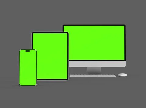 3D Render of smartphone, tablet, desktop with green screens on a dark background Stock Illustration