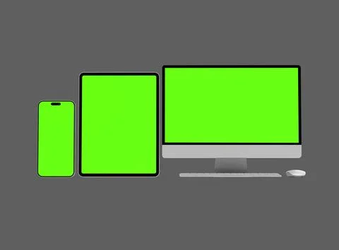 3D Render of smartphone, tablet, desktop with green screens on a dark background Stock Illustration