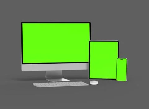 3D Render of smartphone, tablet, desktop with green screens on a dark background Stock Illustration