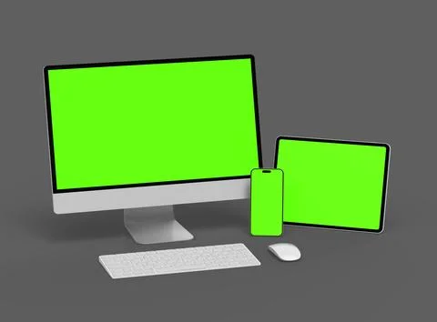 3D Render of smartphone, tablet, desktop with green screens on a dark background Stock Illustration