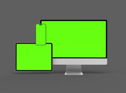 3D Render of smartphone, tablet, desktop with green screens on a dark background Stock Illustration