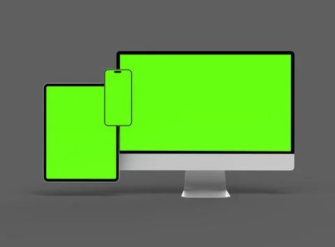3D Render of smartphone, tablet, desktop with green screens on a dark background Stock Illustration