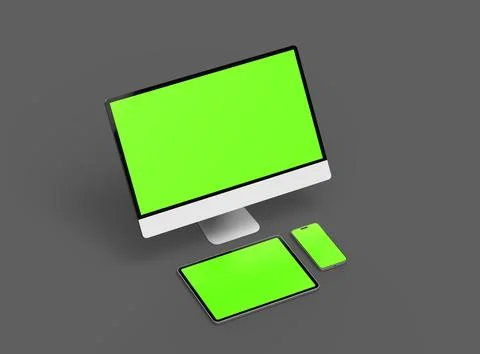3D Render of smartphone, tablet, desktop with green screens on a dark background Stock Illustration