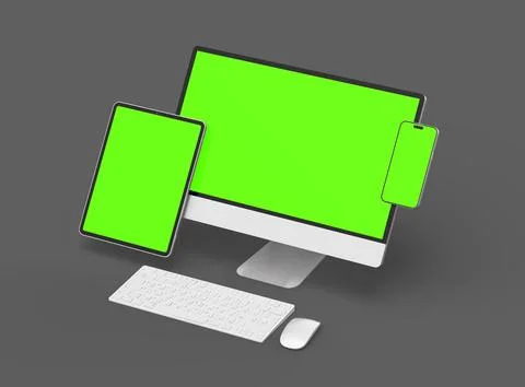 3D Render of smartphone, tablet, desktop with green screens on a dark background Stock Illustration