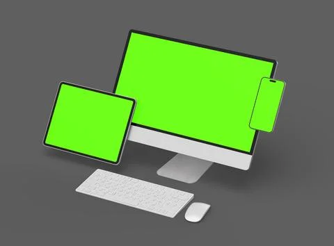 3D Render of smartphone, tablet, desktop with green screens on a dark background Stock-Illustration