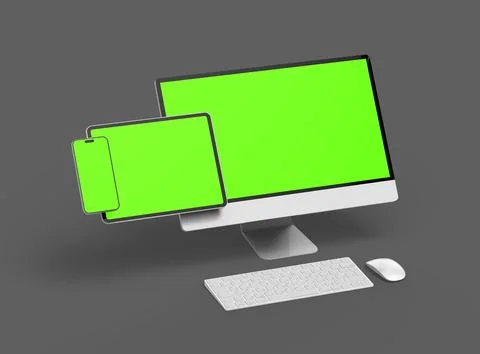 3D Render of smartphone, tablet, desktop with green screens on a dark background Stock Illustration