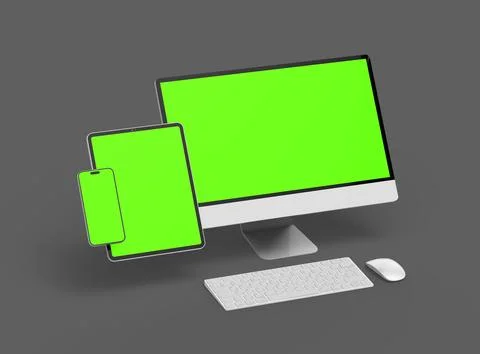 3D Render of smartphone, tablet, desktop with green screens on a dark background Stock Illustration