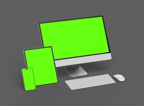 3D Render of smartphone, tablet, desktop with green screens on a dark background Illustrazione stock