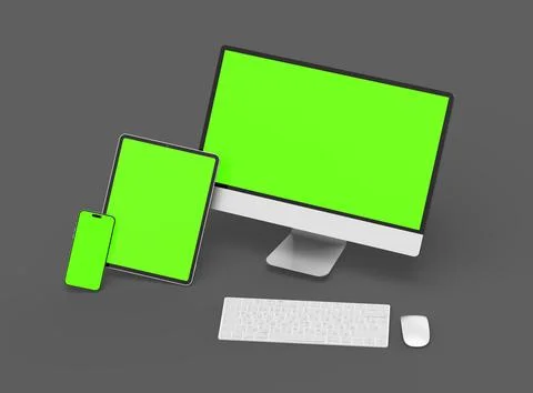 3D Render of smartphone, tablet, desktop with green screens on a dark background Stock Illustration