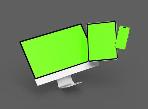 3D Render of smartphone, tablet, desktop with green screens on a dark background Illustrazione stock