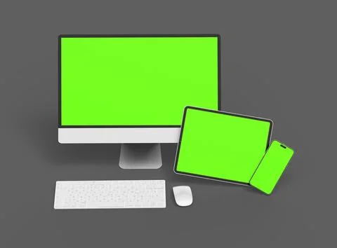 3D Render of smartphone, tablet, desktop with green screens on a dark background Stock Illustration