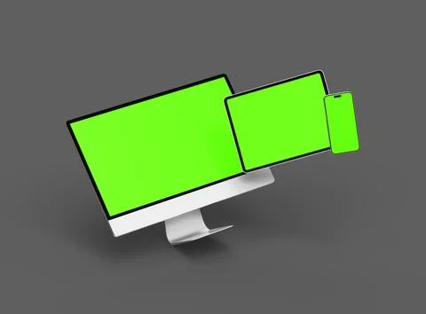 3D Render of smartphone, tablet, desktop with green screens on a dark background Stock Illustration