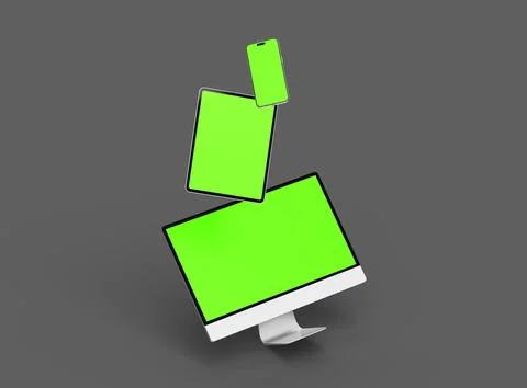 3D Render of smartphone, tablet, desktop with green screens on a dark background Stock Illustration