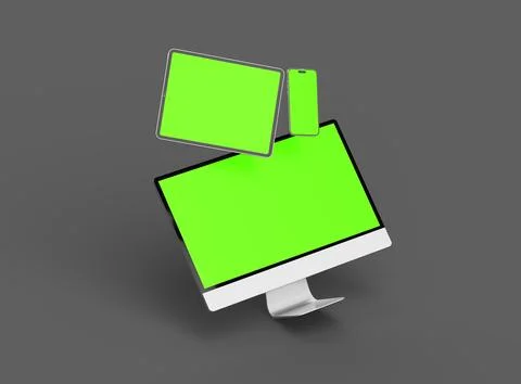 3D Render of smartphone, tablet, desktop with green screens on a dark background Stock Illustration