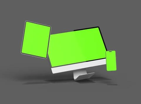 3D Render of smartphone, tablet, desktop with green screens on a dark background Stock Illustration