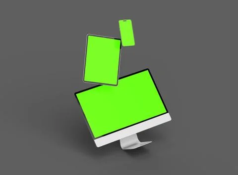 3D Render of smartphone, tablet, desktop with green screens on a dark background Stock Illustration