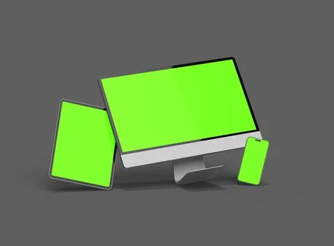 3D Render of smartphone, tablet, desktop with green screens on a dark background Stock Illustration