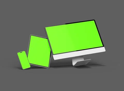 3D Render of smartphone, tablet, desktop with green screens on a dark background Stock Illustration