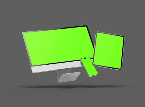 3D Render of smartphone, tablet, desktop with green screens on a dark background Stock Illustration
