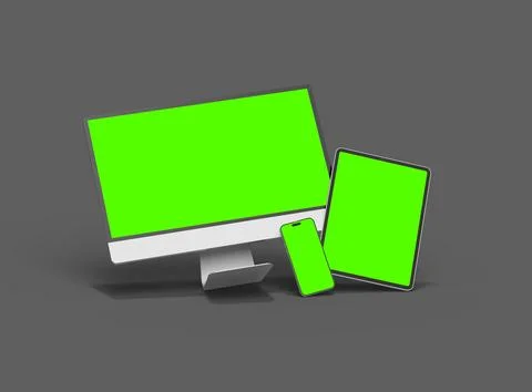 3D Render of smartphone, tablet, desktop with green screens on a dark background Stock Illustration