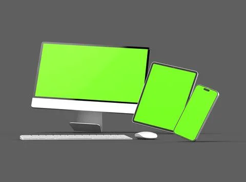 3D Render of smartphone, tablet, desktop with green screens on a dark background Stock Illustration