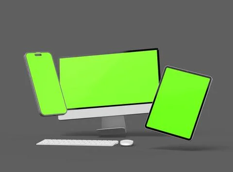 3D Render of smartphone, tablet, desktop with green screens on a dark background Stock Illustration