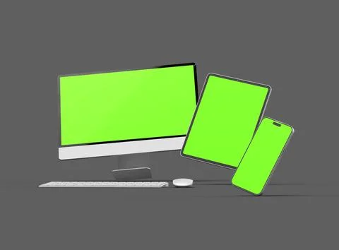 3D Render of smartphone, tablet, desktop with green screens on a dark background Stock Illustration