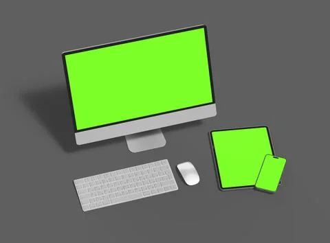 3D Render of smartphone, tablet, desktop with green screens on a dark background Stock Illustration