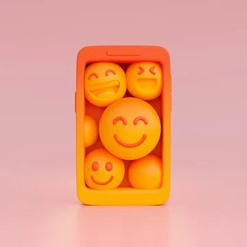 3D render of a smartphone with various emoji faces on a pink background Stock Illustration