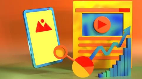 3D Render, smartphone with video website and chart, online icon Stock Illustration