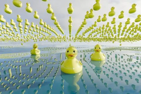 3d render of smiling rubber duckies in formation Stock Illustration