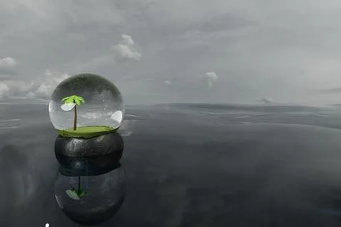 3d render of snowglobe containing palm tree on open waters with cloudy sky 스톡 일러스트
