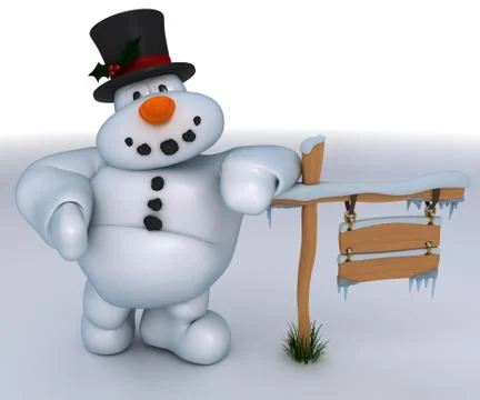 3D Render of a Snowman Character with blank wooden signpost 스톡 일러스트