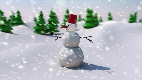 3D render of snowman on snowy field background with trees. Christmas Day. Hap Stock Illustration