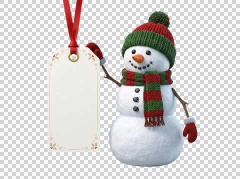 3d render snowman wearing red and green hat scarf and mittens holding blank.. Stock Illustration