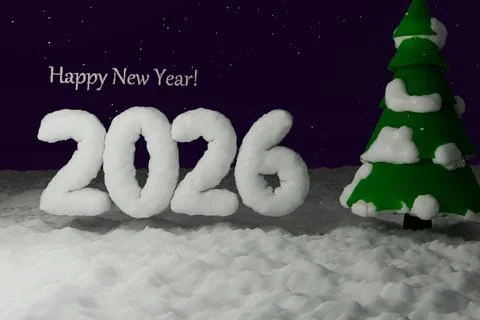 3d render of snowy happy new year text with low poly tree Stock Illustration