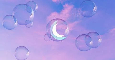3d render of soap bubbles surrounding the moon with the sky in the background イラスト素材