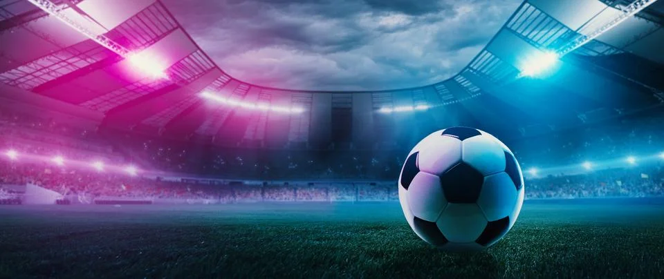 3D render. Soccer ball lying on green field in front of large empty open air Stock Illustration