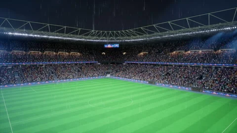 3D render of soccer stadium crowd cheering during rainy night, sports atmosphere Stock Footage 335465033