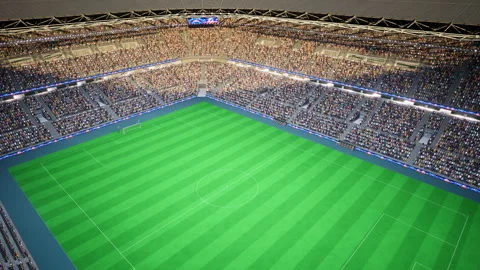 3D render of soccer stadium crowd cheering during sunny day, fan excitement Stock Footage 335465081