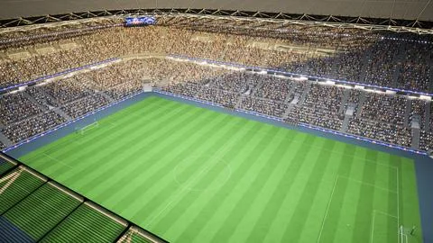 3D render of soccer stadium fans cheering during sunset lighting Stock Illustration