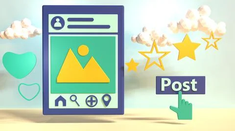 3D Render Social Media platform, low poly apps, with love, stars icon Stock Illustration