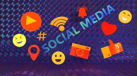3D Render, social media text with emoticon and online icons Stock Illustration