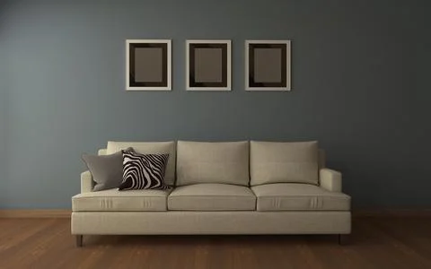 3d render of a sofa, and three empty photo frames on a grey wall Stock Illustration