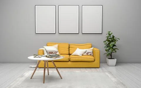 3d render of a sofa, decoratives, and empty photo frames on a grey wall Stockillustratie