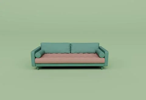 3d render of sofa with two round cushion isolated on Pastel background, 3d ba Stock Illustration