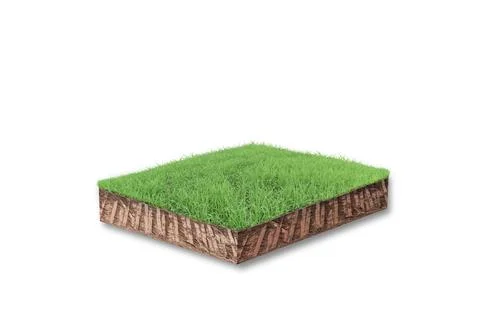 3D render. Soil cubical cross section with green grass isolated on white back Stock Illustration