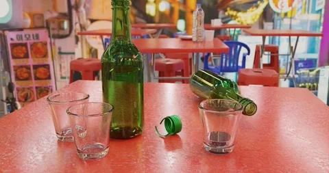3d render of soju bottle with glass in outdoor street food stall pojangmach.. Stock Footage 276428608