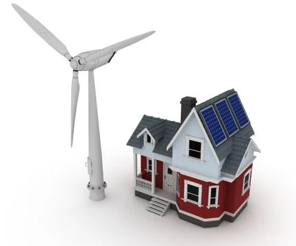 3d render of Solar panels on a house with wind turbine Stock Illustration