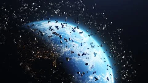 3D Render of space debris around planet Earth Stock Illustration